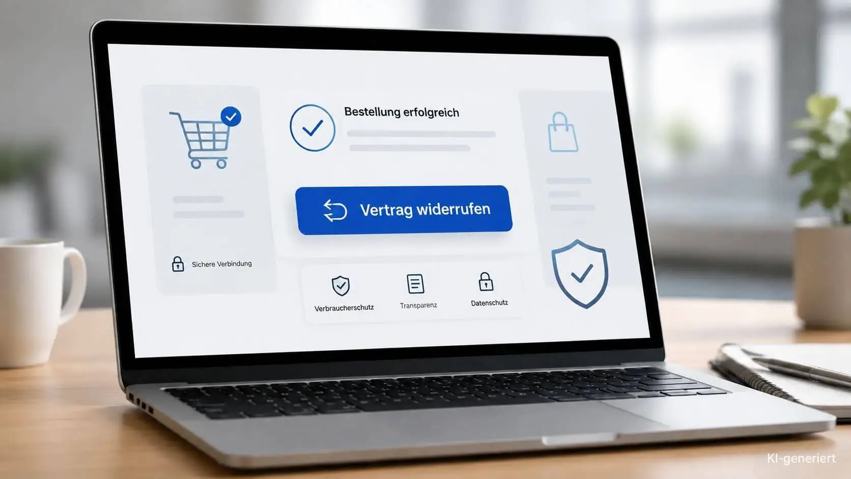 Laptop mit neuem Widerrufsbutton für Online-Verträge nach den gesetzlichen Vorgaben ab Juni 2026