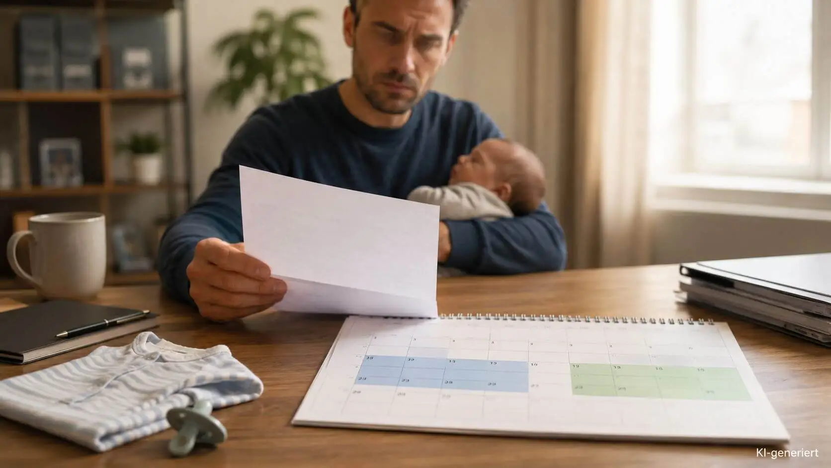 Vater sitzt mit Baby auf dem Arm am Schreibtisch und blickt auf ein Kündigungsschreiben – Symbolbild zum BAG-Urteil 2 AZR 213/25 zum Kündigungsschutz bei abschnittsweiser Elternzeit