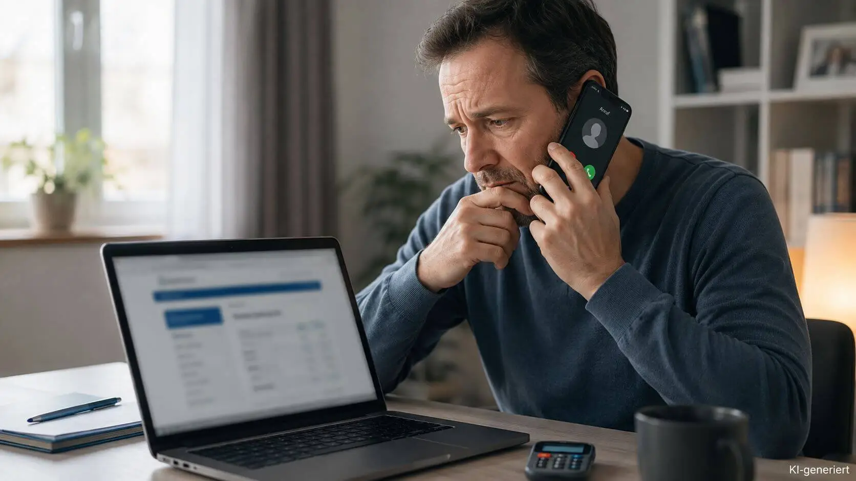 Mann telefoniert verunsichert mit Smartphone vor Laptop mit Online-Banking – Social Engineering und Bankhaftung nach OLG Brandenburg 4 U 131/25
