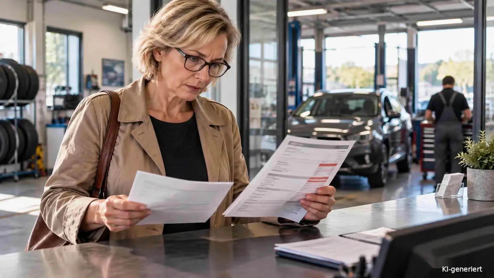 Werkstattrechnung und Versicherungsschreiben zum Werkstattrisiko in der Kaskoversicherung