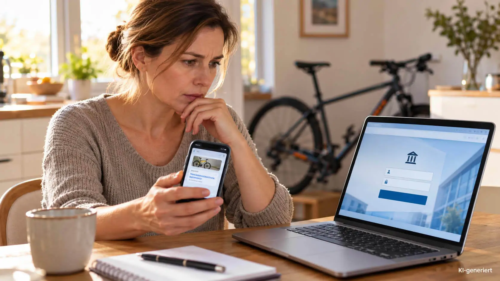 Frau beim privaten Fahrradverkauf prüft eine verdächtige Nachricht und eine gefälschte Online-Banking-Anmeldeseite auf Smartphone und Laptop.