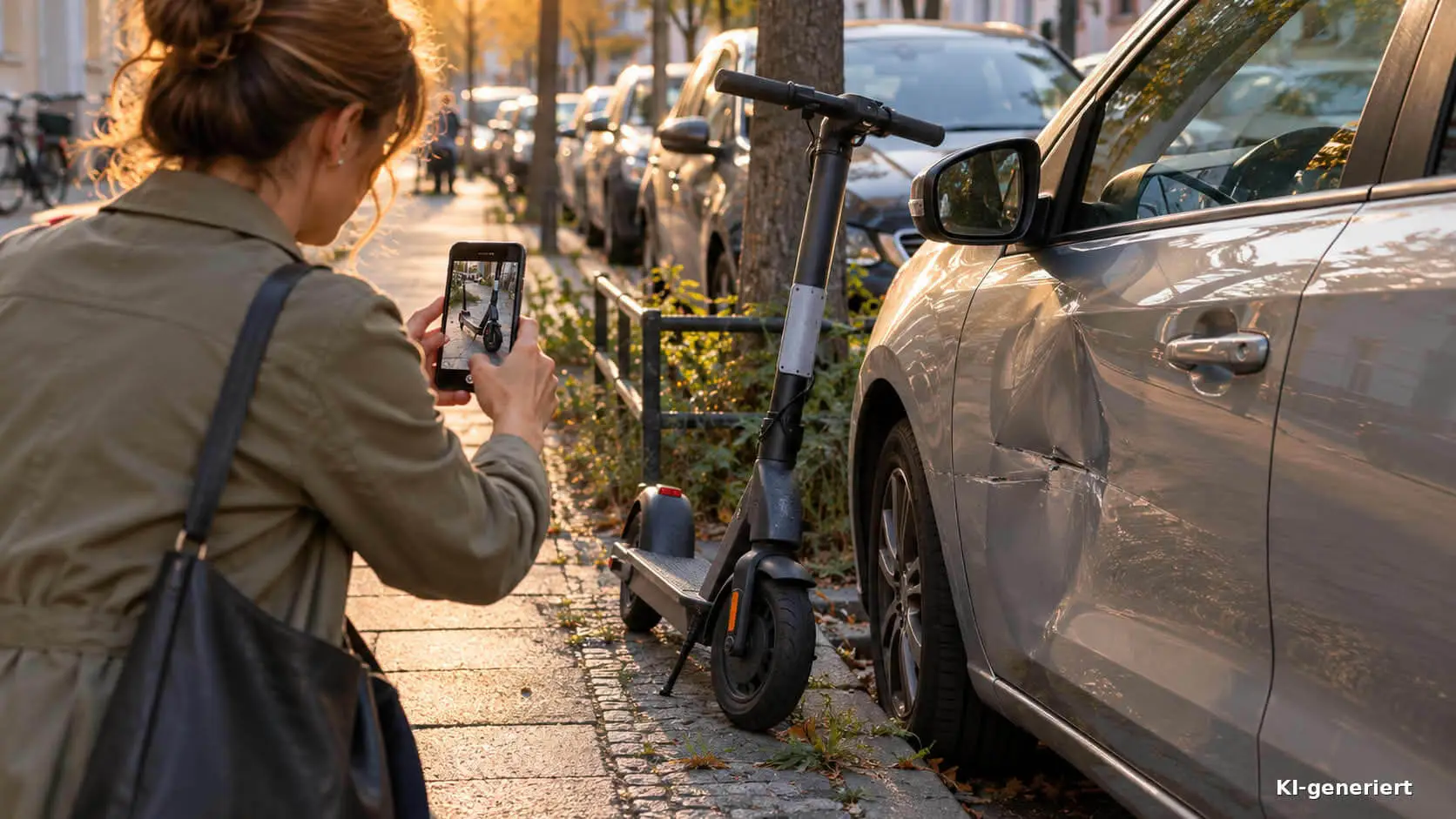 Frau fotografiert nach einem Unfall einen Leih-E-Scooter am Gehweg und prüft den Schaden an ihrem geparkten Auto